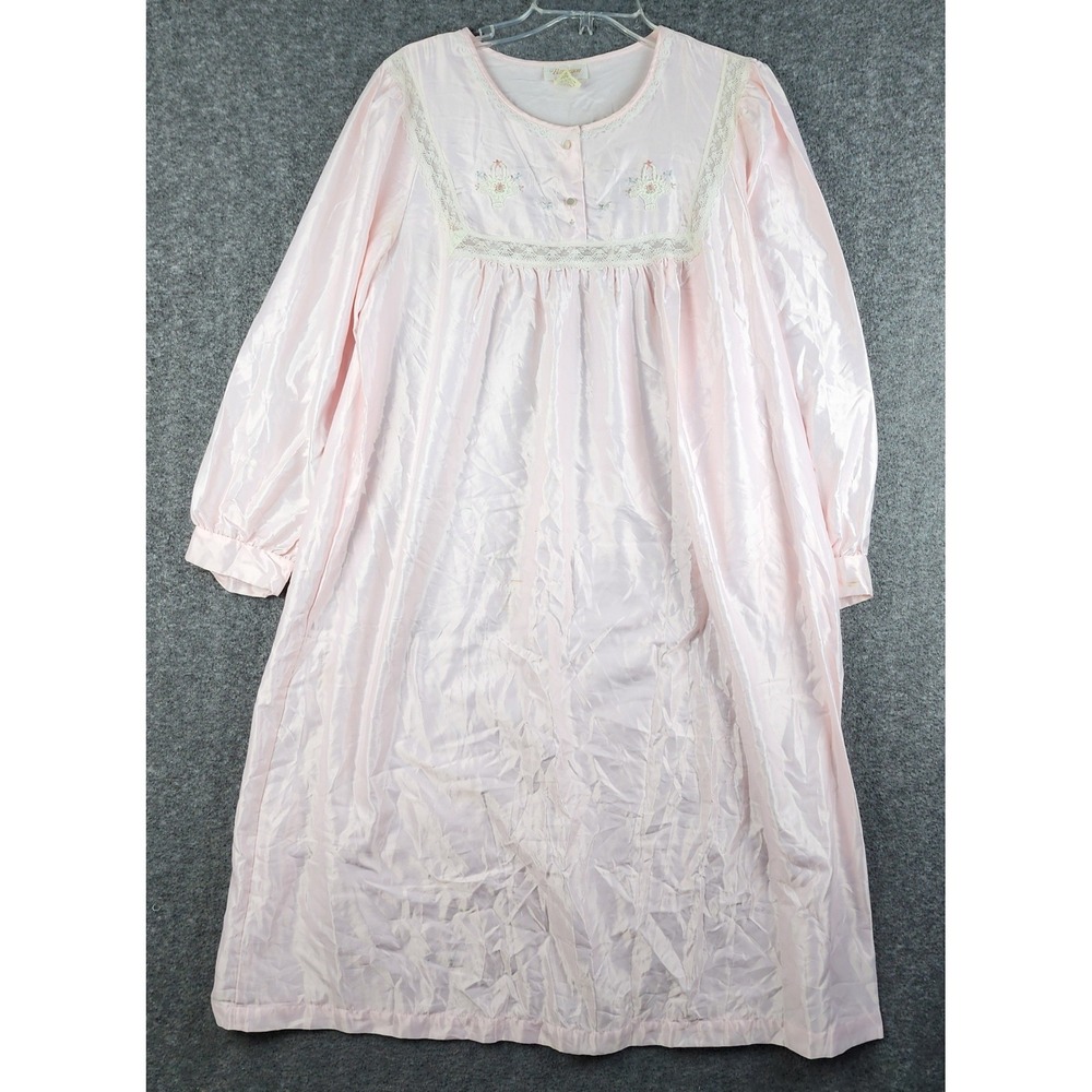 Barbizon Nightgown Womens Large Pink Vintage Satin‎ Lace Floral Embroidered Gown